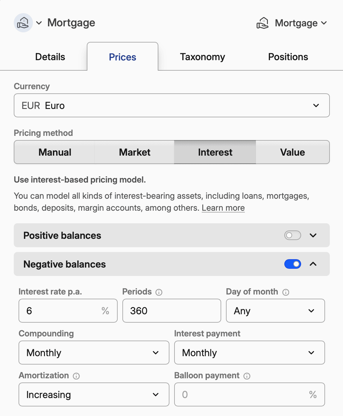 Screenshot of a mortgage pricing settings page showing currency, interest rate, periods, compounding, and amortization options.